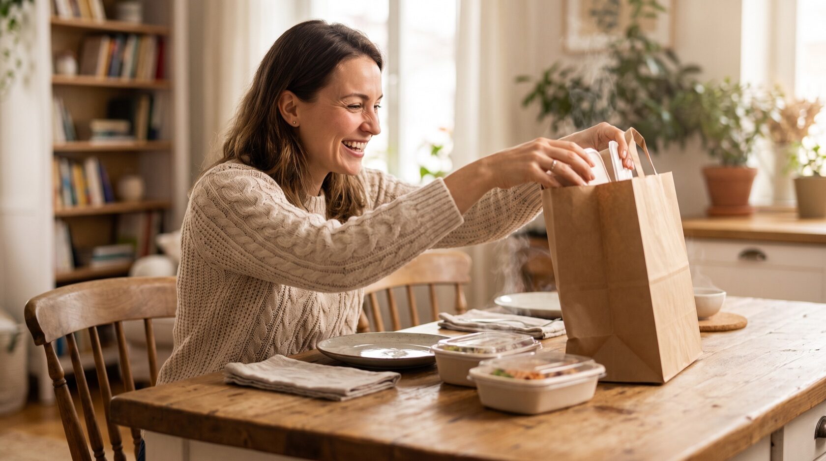 Cliente felice che apre a casa la consegna del ristorante