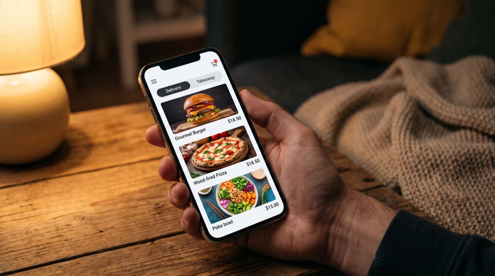 Cliente che ordina un asporto dal menu online del ristorante sul telefono