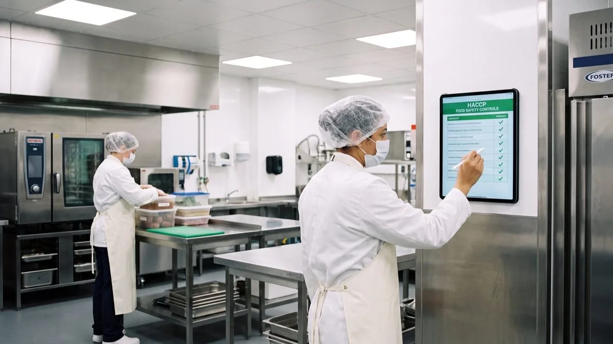 Addetta della cucina che spunta la checklist di apertura sul tablet alla parete