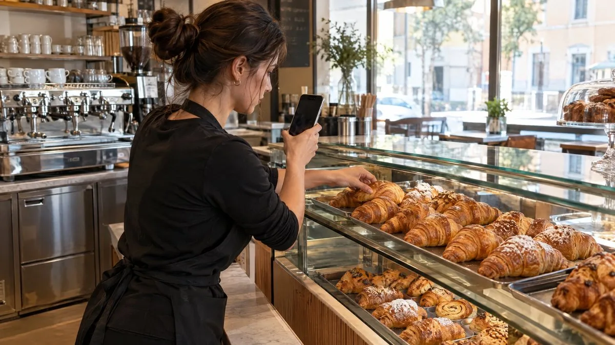 Barista che prepara il banco brioches seguendo la checklist sul telefono