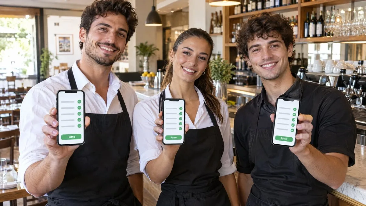 Personale del ristorante che mostra sul telefono la checklist completata con il pulsante Fatto
