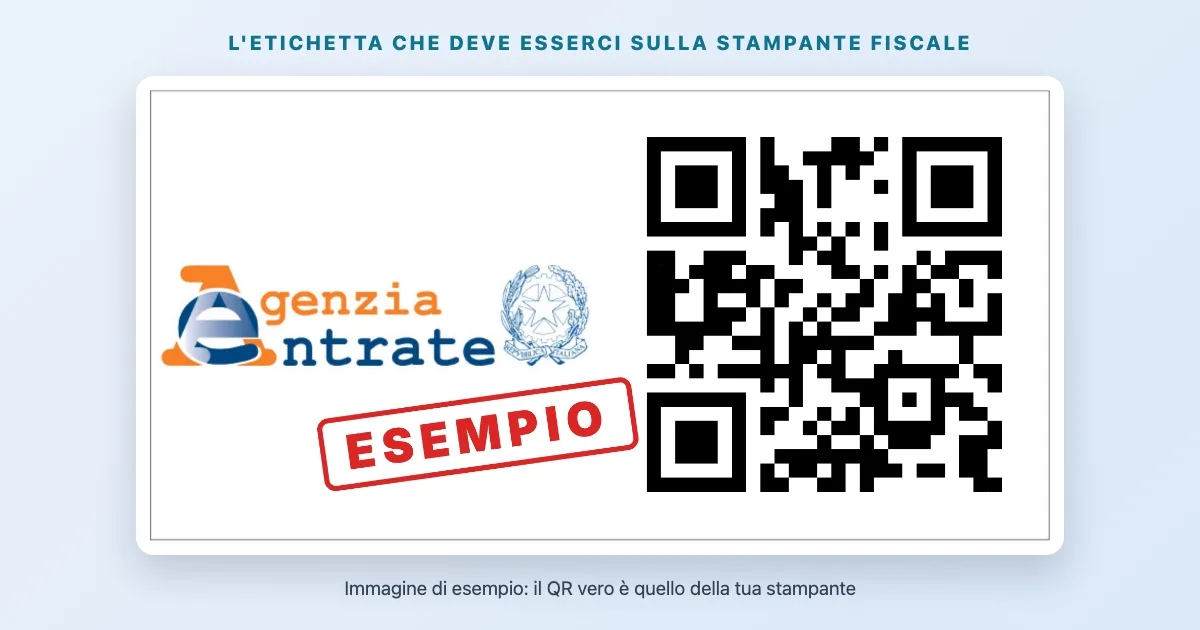 Etichetta adesiva con il QR code del registratore, da ordinare e incollare sulla stampante fiscale