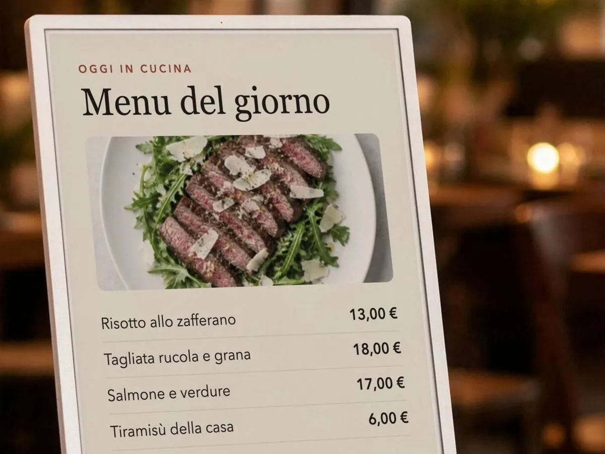 Lavagna digitale con il menu del giorno appoggiata sul tavolo di un ristorante