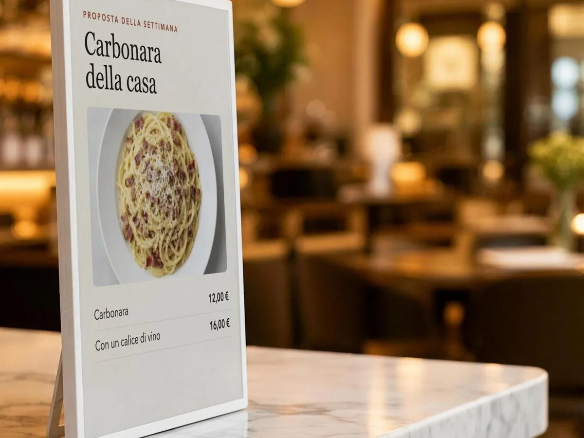 Lavagna digitale e-paper sul banco in marmo di un ristorante con la proposta della settimana
