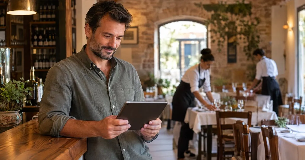 Titolare di un ristorante con il tablet in mano mentre il personale prepara la sala