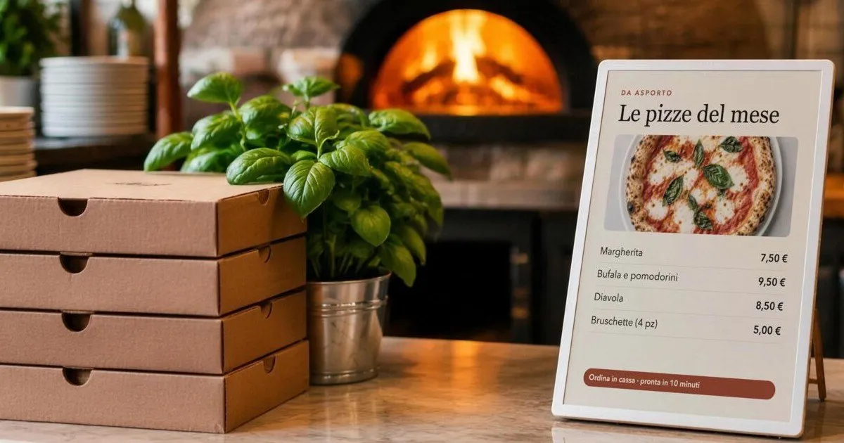 Lavagna digitale e-paper con le pizze del mese sul banco di una pizzeria, davanti al forno a legna