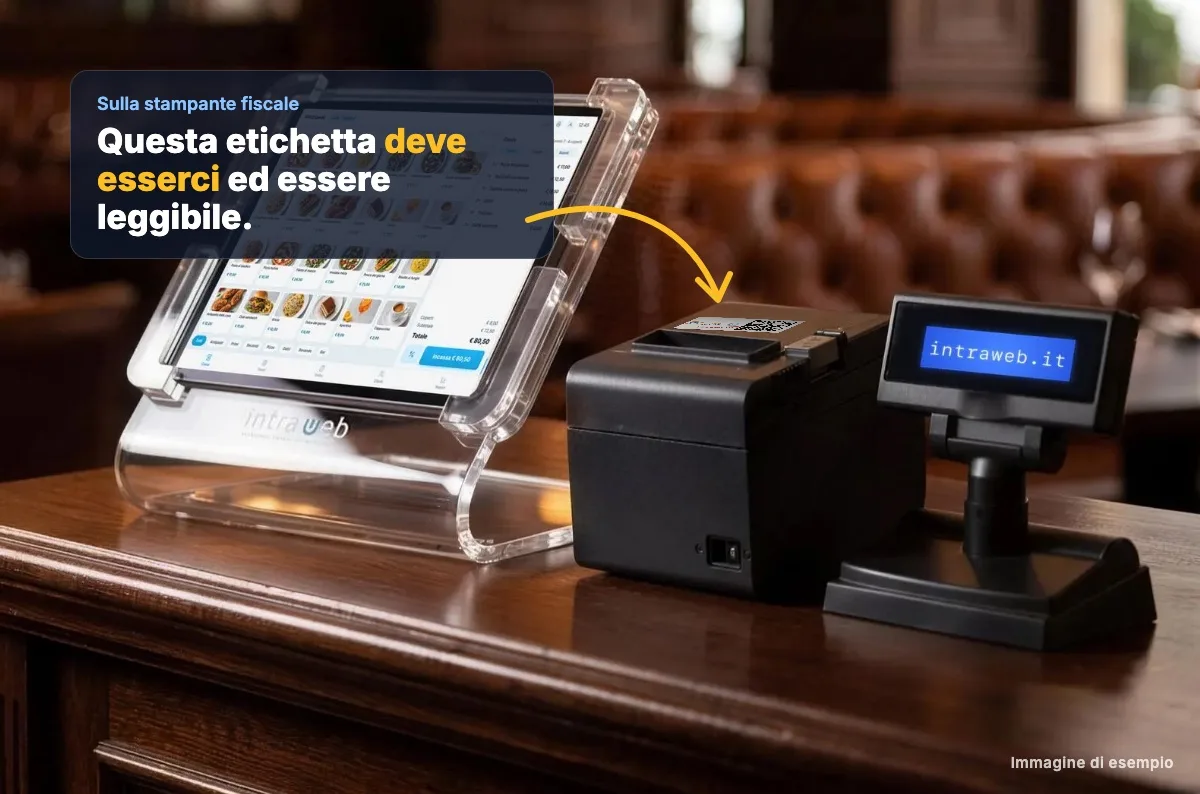 Cassa con iPad e stampante fiscale con l'etichetta QR code incollata sopra, visibile ai clienti
