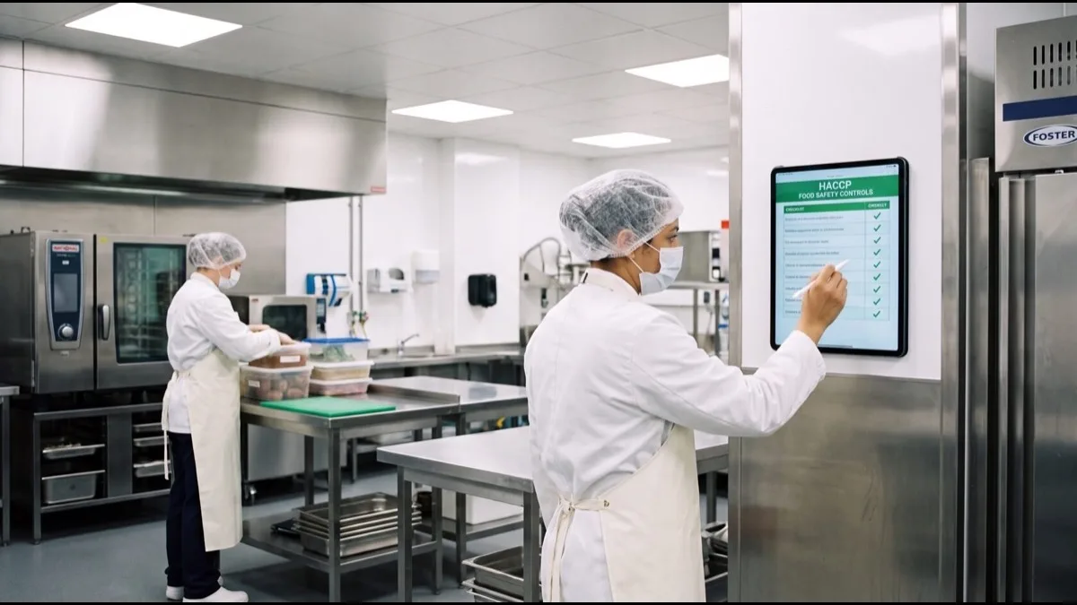 Addetta della cucina che compila la checklist HACCP sul tablet appeso alla parete