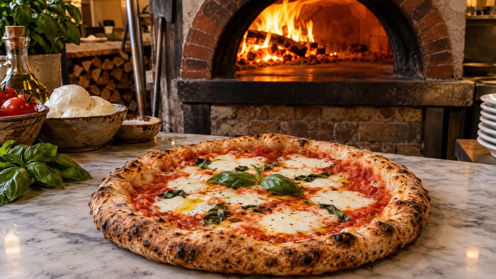 Pizza margherita appena sfornata con pomodori, mozzarella, olio e basilico accanto al forno a legna