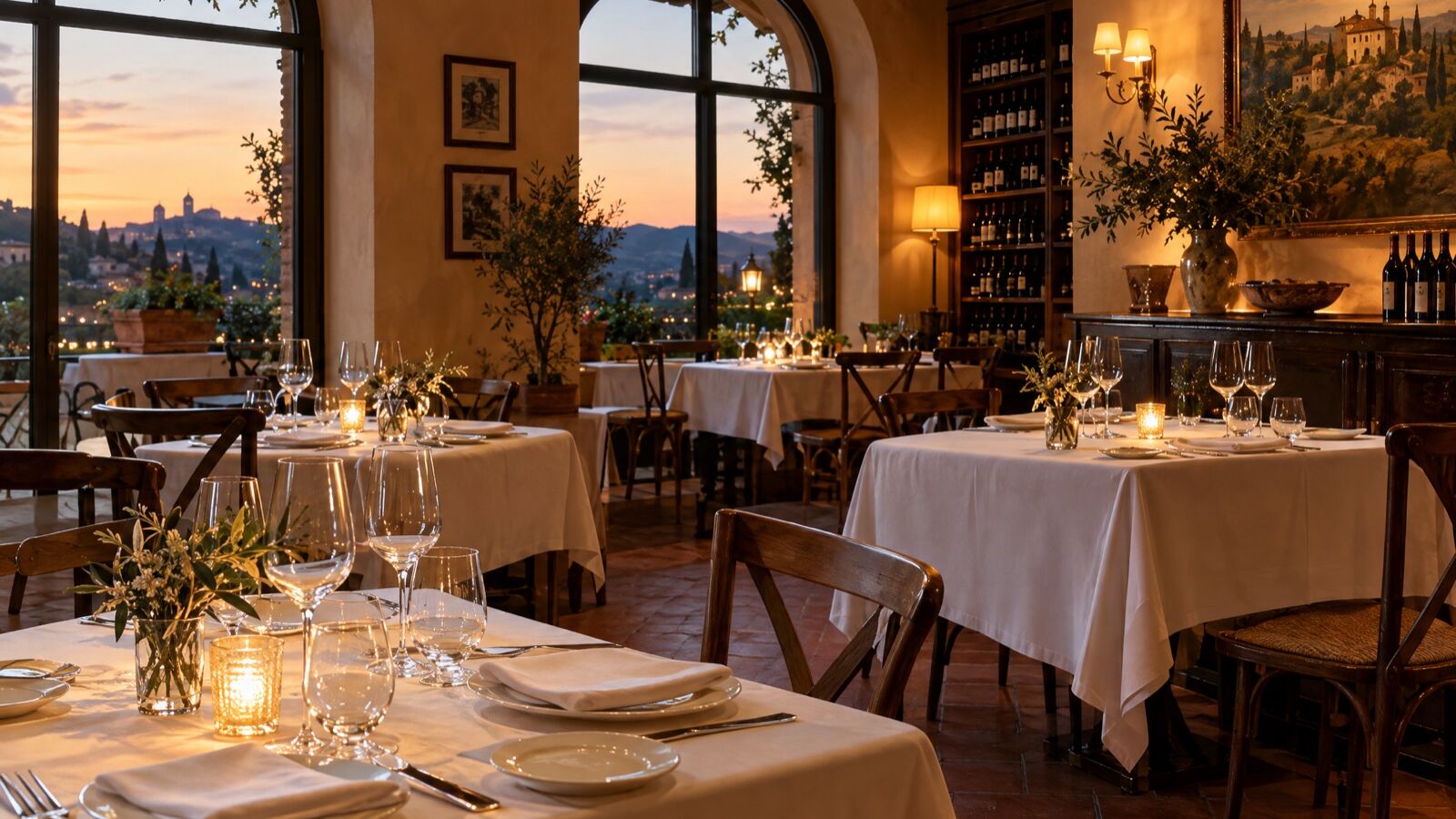Sala di un ristorante apparecchiata la sera, prima del servizio