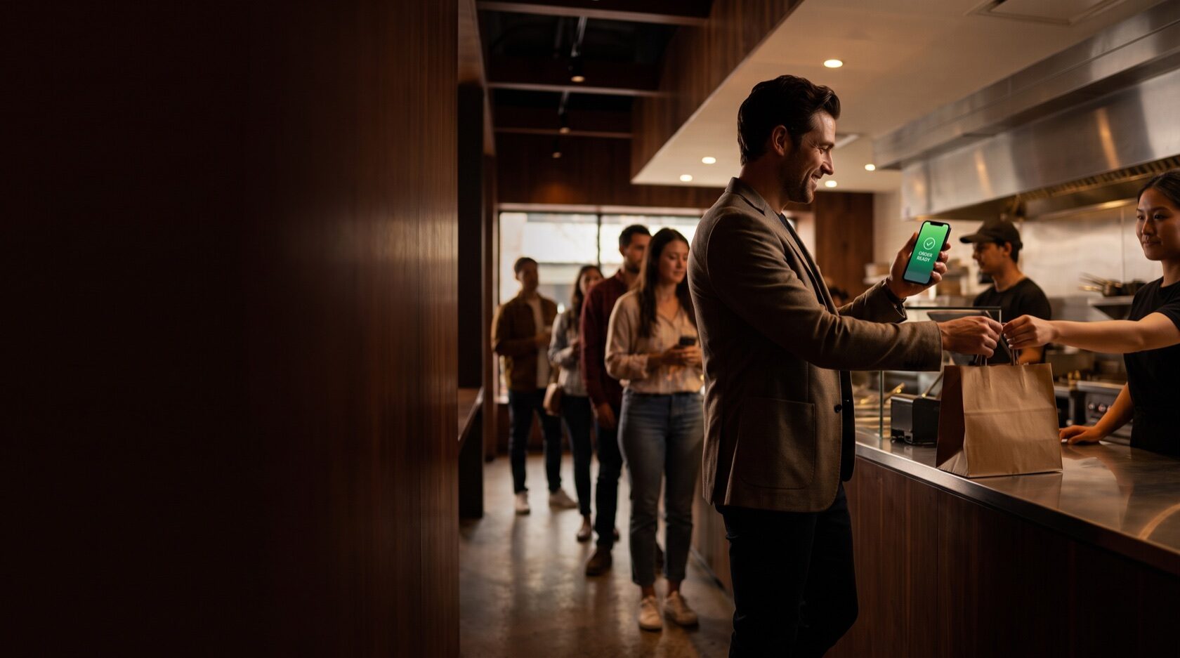 Cliente che ritira l'ordine al banco saltando la fila con Click & Collect