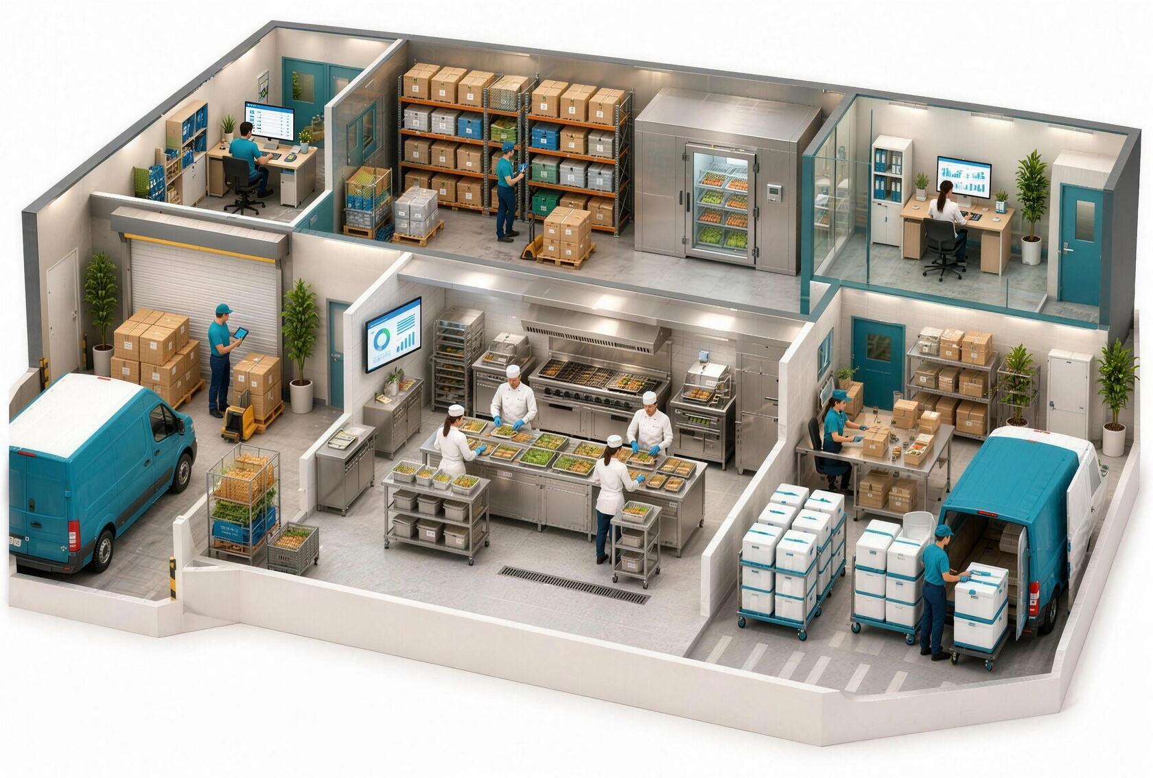 Disegno del dietro le quinte di un punto vendita, con i numeri da 1 a 6: uffici acquisti, arrivo merce dal furgone, magazzino con scaffali e cella frigo, cucina di produzione, preparazione delle consegne e amministrazione