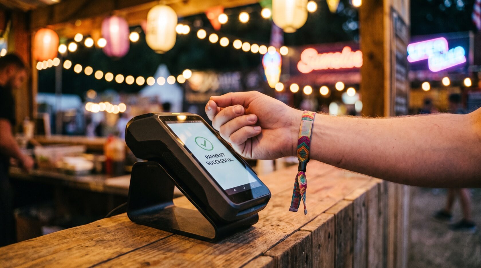 Partecipante che paga cashless a un evento avvicinando la carta o il braccialetto