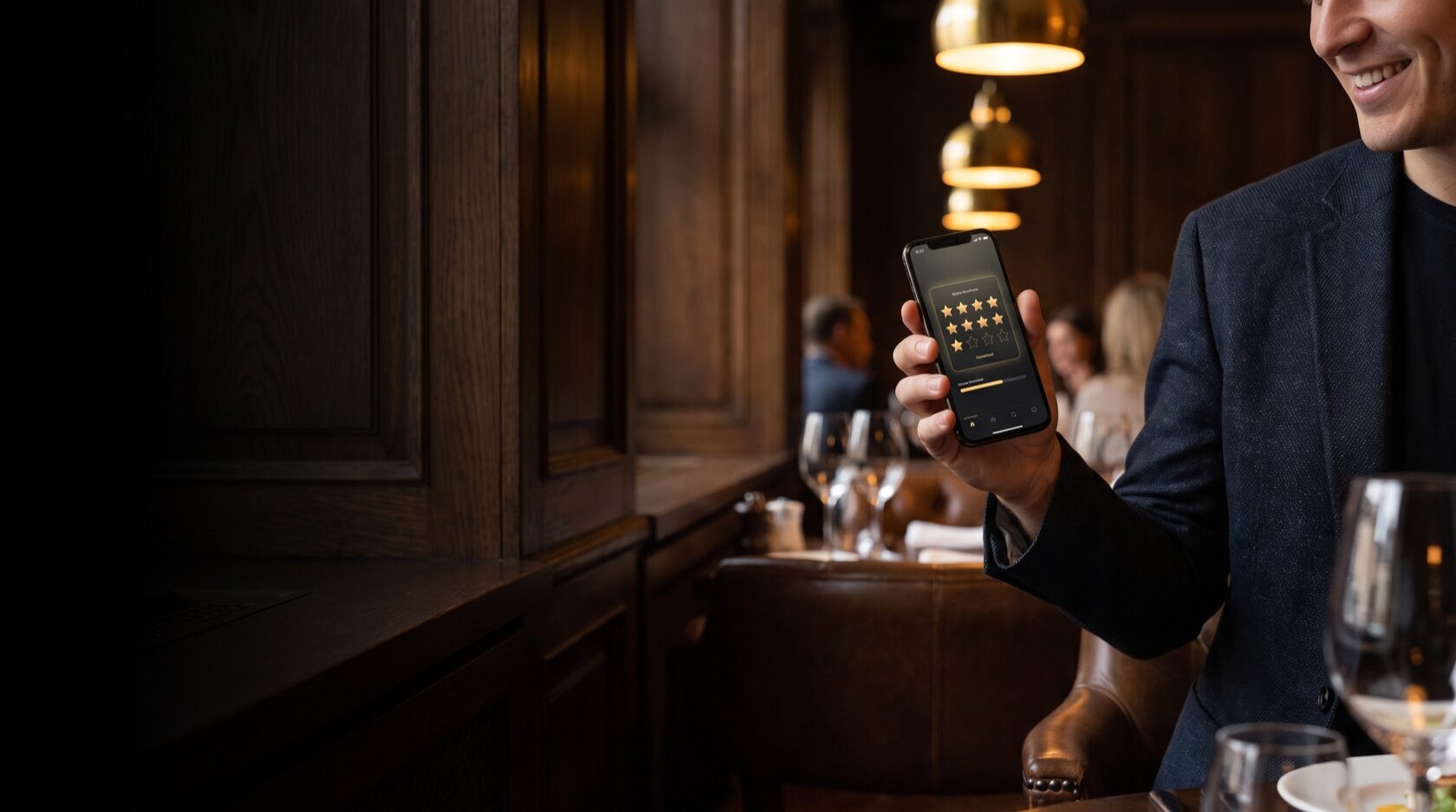 Cliente che mostra la fidelity card digitale sul telefono in un ristorante