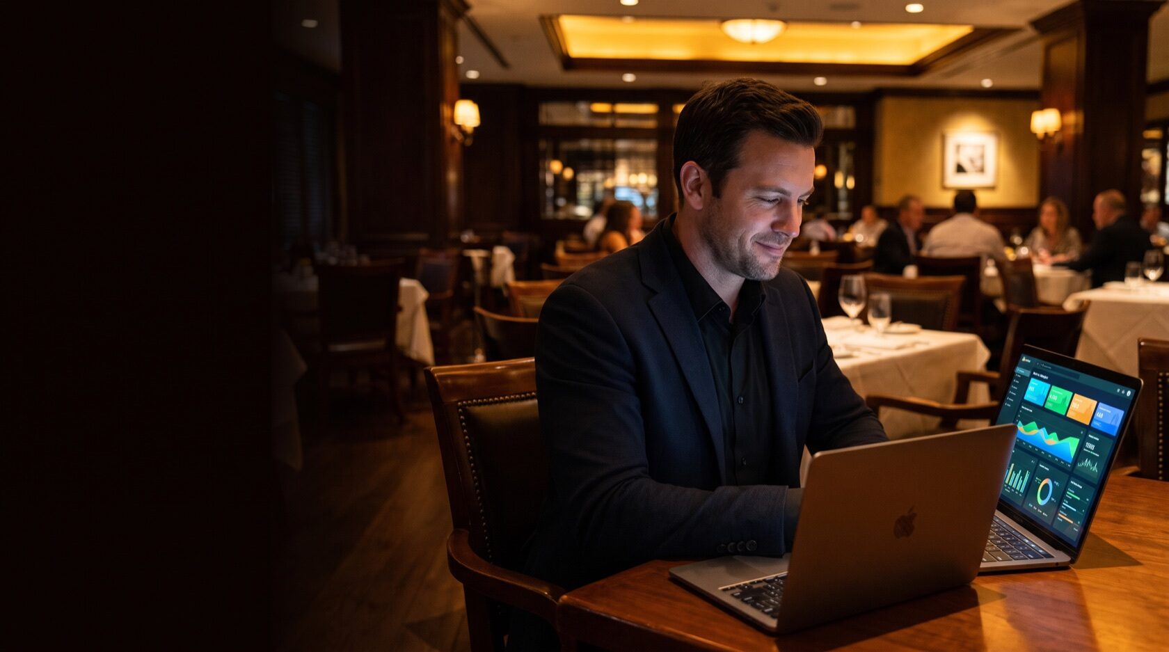 Titolare che controlla costi e ricavi del ristorante su una dashboard