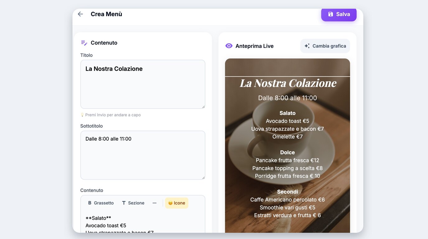 Editor del menu QR gratuito con il testo del menu a sinistra e l’anteprima dal vivo a destra