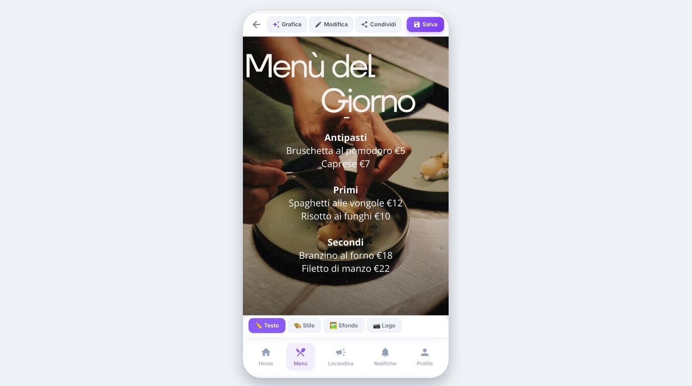 Menu del giorno aperto sul telefono, grande e leggibile