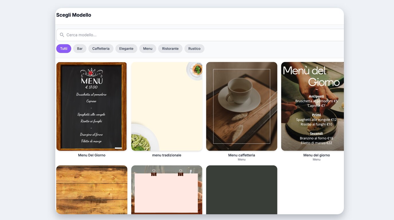 Modelli pronti del menu QR gratuito per bar, caffetteria, ristorante e stile rustico