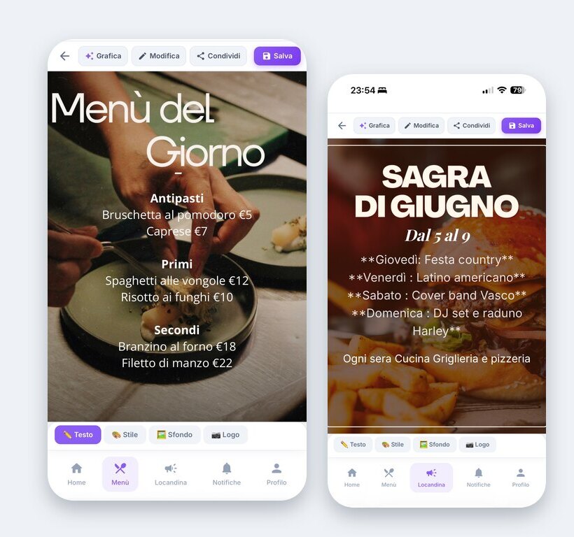 Menu del giorno e locandina di una sagra creati con il menu QR gratuito, aperti sul telefono