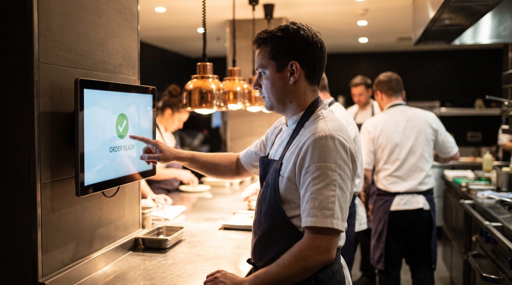Chef che segna un ordine come pronto sul monitor, senza scontrini di carta