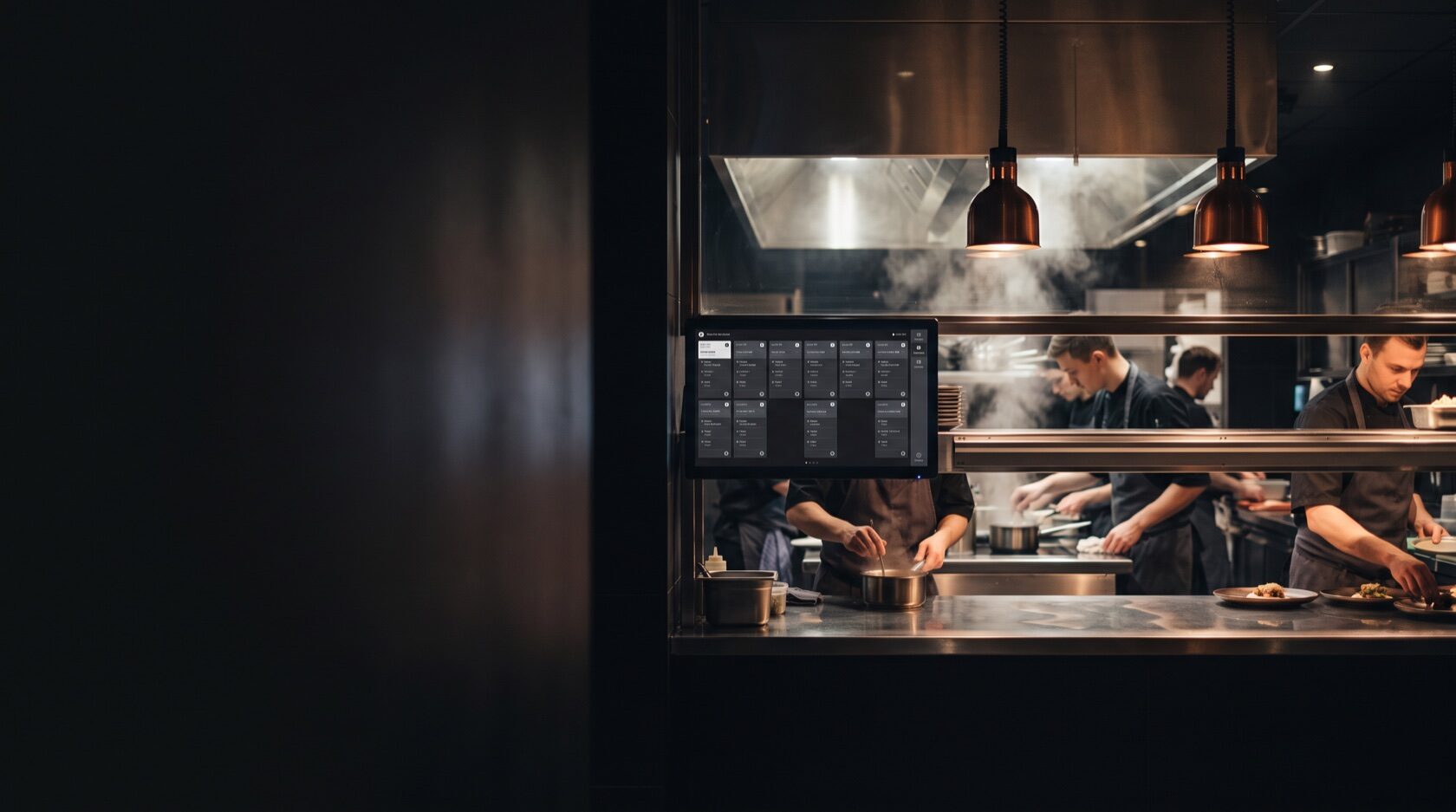 Monitor di cucina con le comande in tempo reale al pass di un ristorante