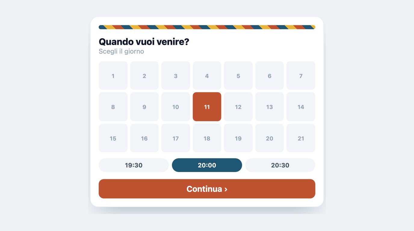 Pagina di prenotazione online di Tavolissimo: il cliente sceglie il giorno e l’orario