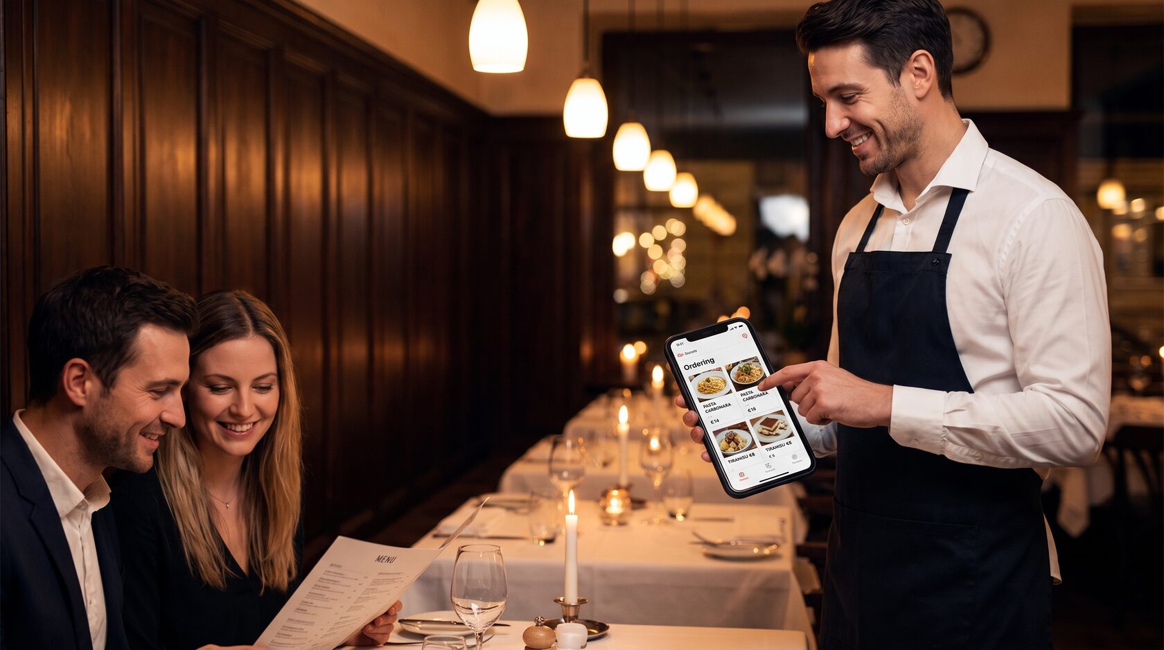 Cameriere che prende la comanda al tavolo con l’iPhone