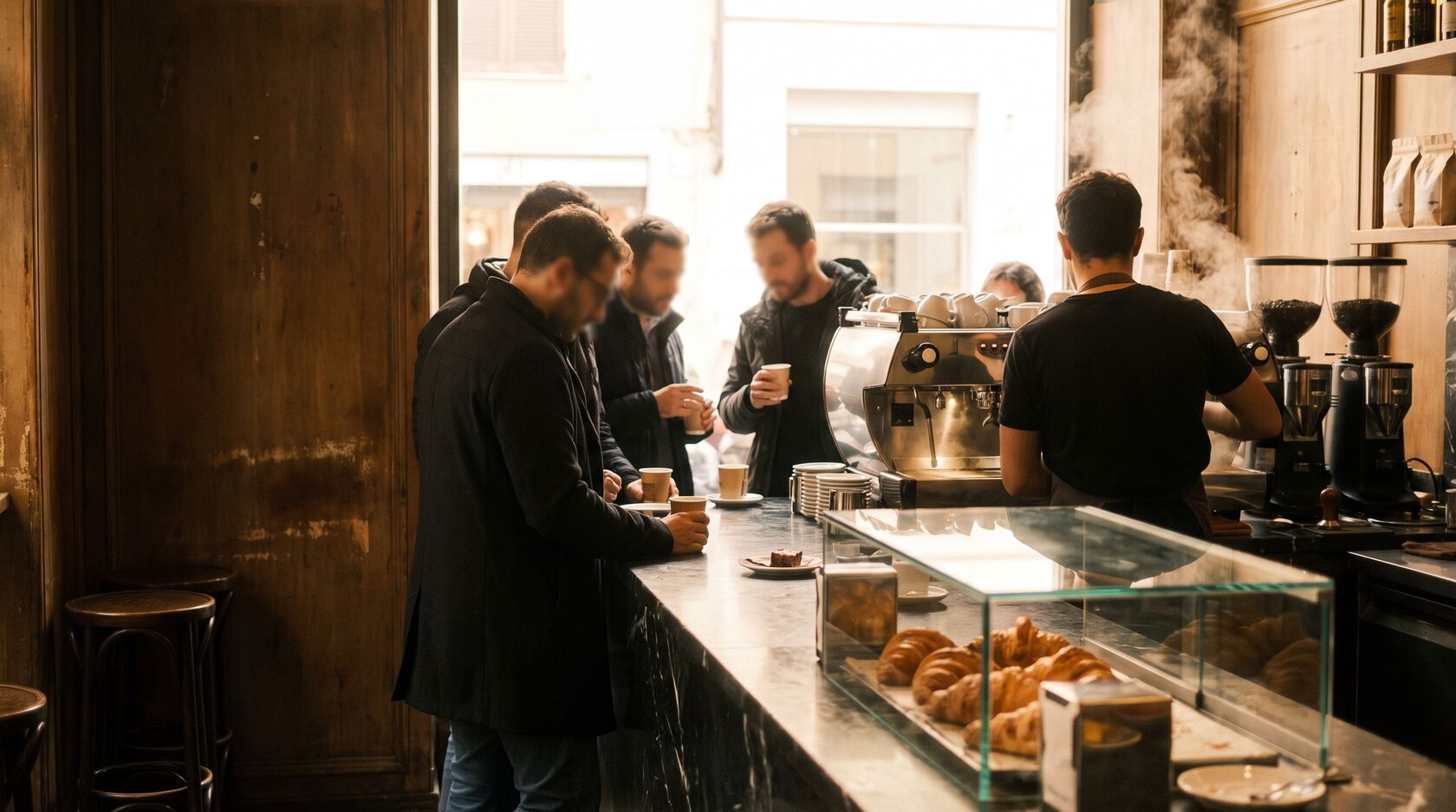 Bar caffetteria con il barista che prepara un espresso al bancone