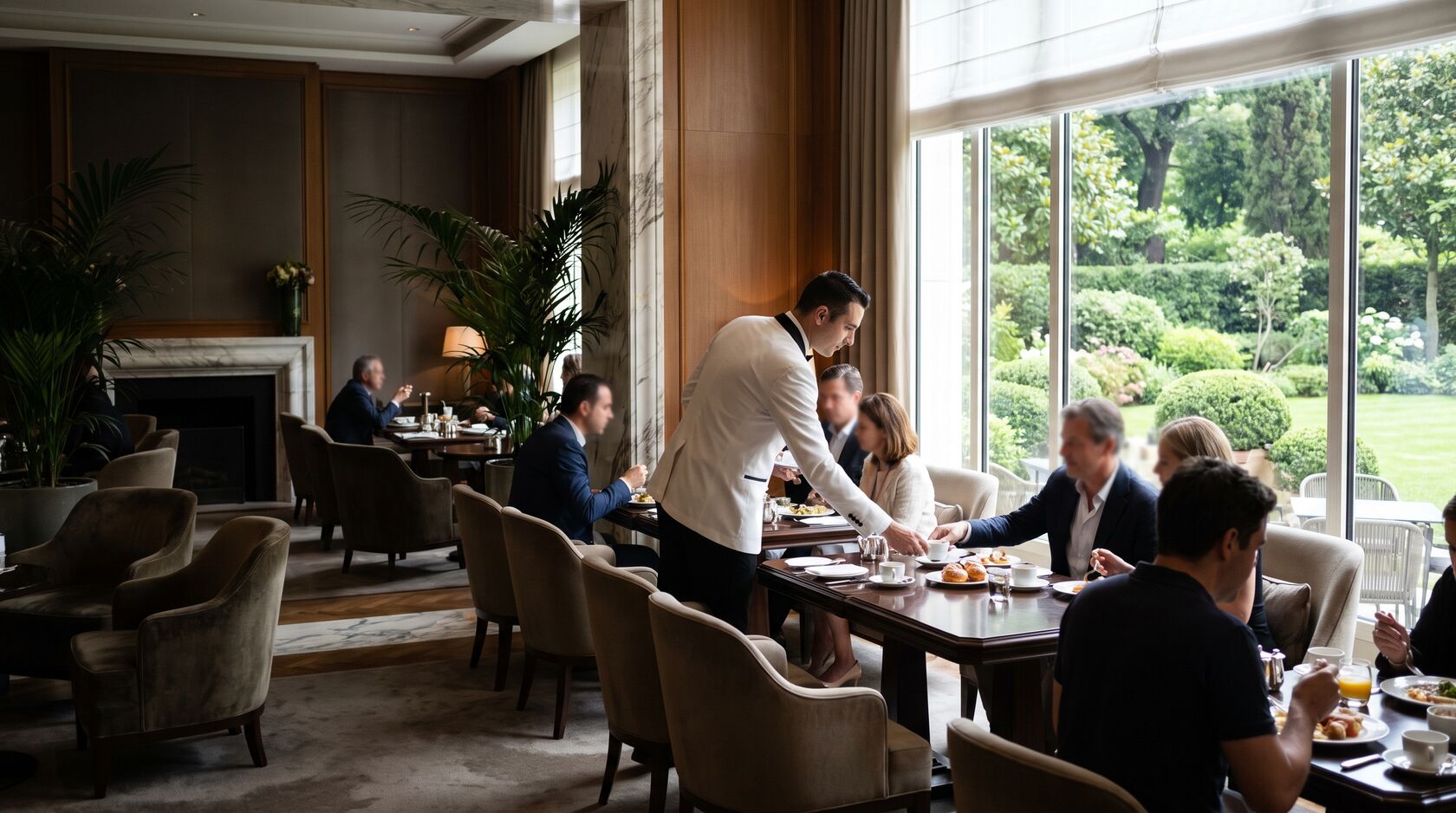 Ristorante di un hotel con il cameriere che serve la colazione agli ospiti