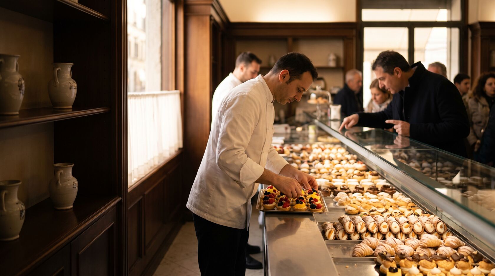 Pasticceria con il banco pieno di dolci e il pasticcere al lavoro