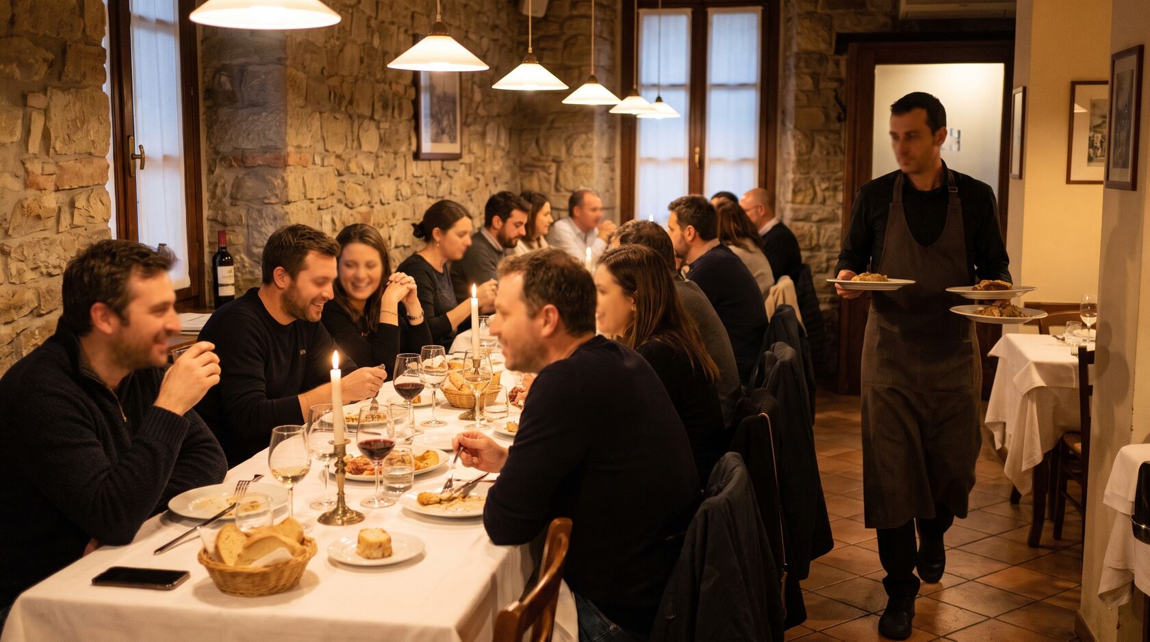 Sala di un ristorante piena di clienti a cena