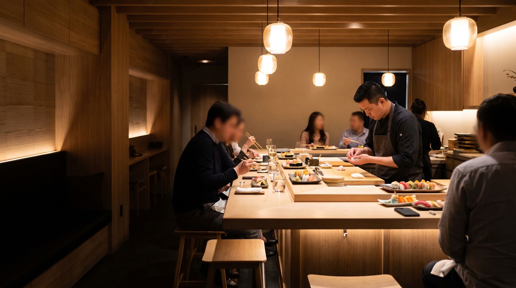 Ristorante di sushi con lo chef al bancone e i clienti seduti