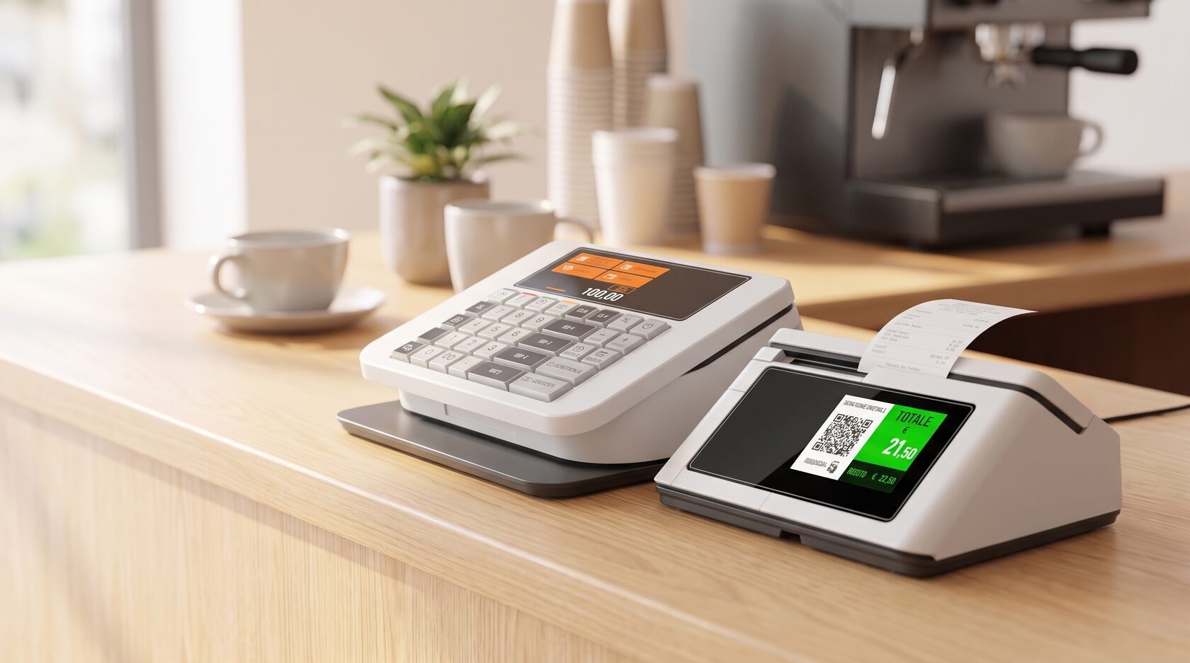 Registratore telematico RT con tastiera, mini display touch e stampante con display cliente su un bancone