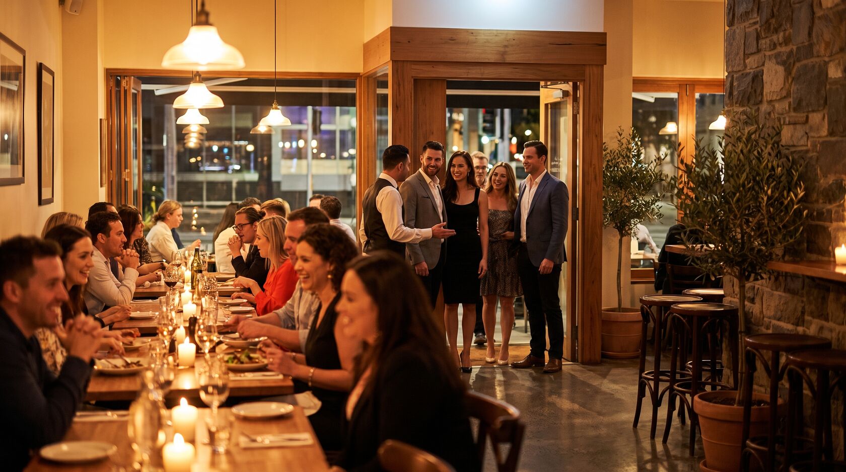 Ristorante pieno la sera, con i clienti in coda all’ingresso in attesa del tavolo