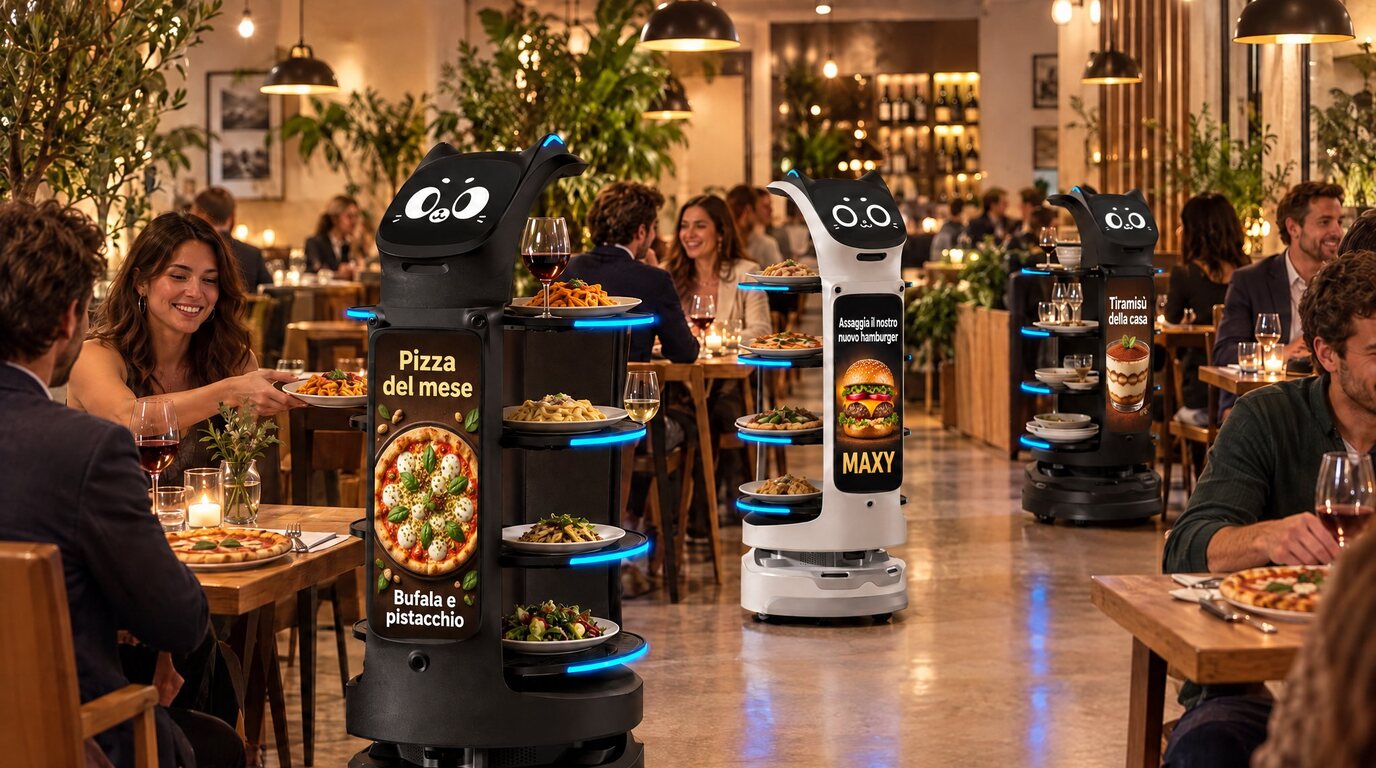 Tre robot porta piatti al lavoro nella sala di un ristorante: due portano i piatti ai tavoli, uno riporta i vuoti