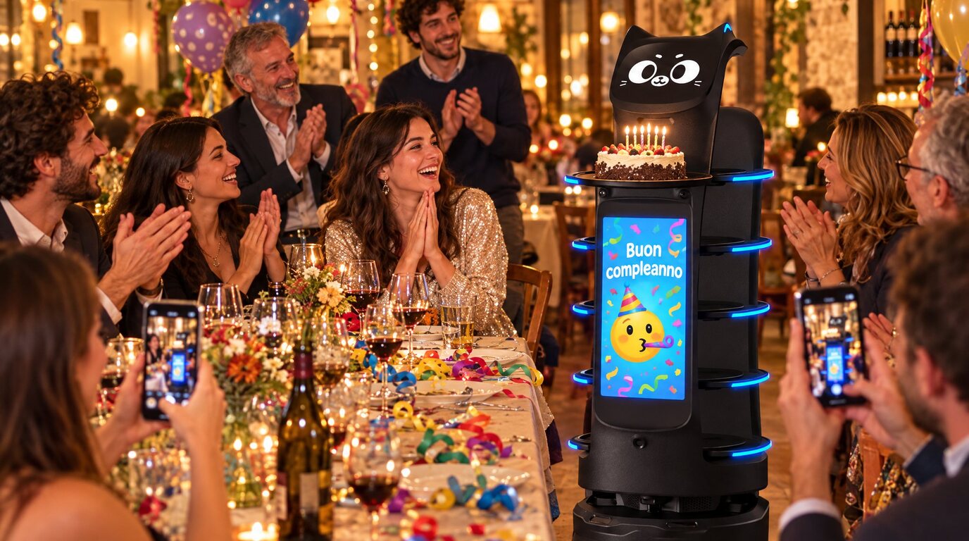 Robot porta piatti nero porta la torta con le candeline al tavolo, con Buon compleanno sullo schermo, mentre gli invitati applaudono e fotografano