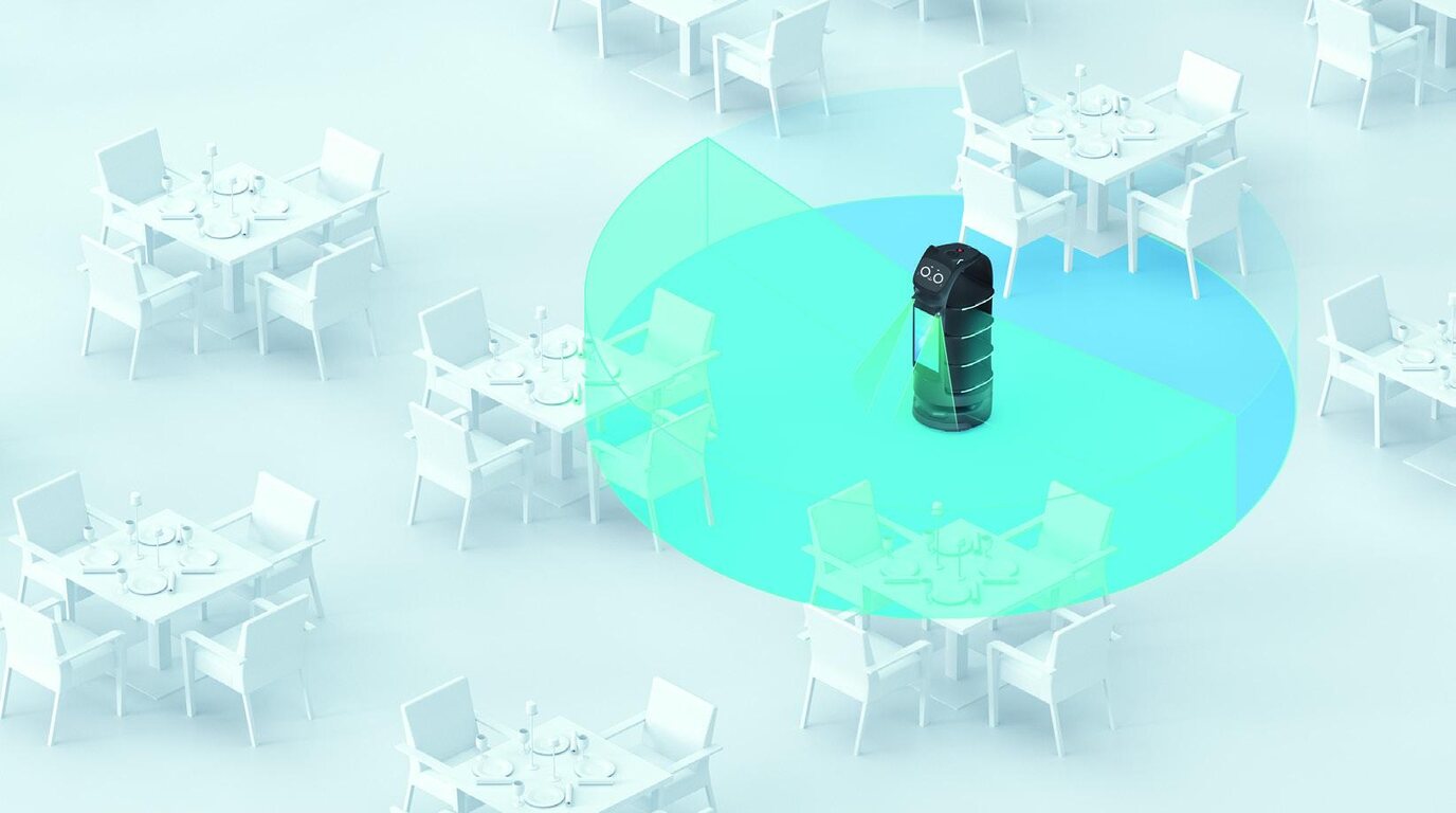 Robot porta piatti visto dall'alto tra i tavoli, con l'area controllata dai sensori intorno a sé