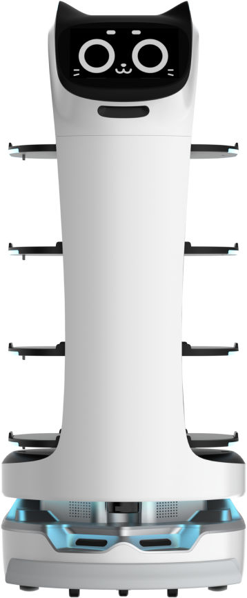 Robot porta piatti versione base, bianco, visto di fronte con i quattro vassoi