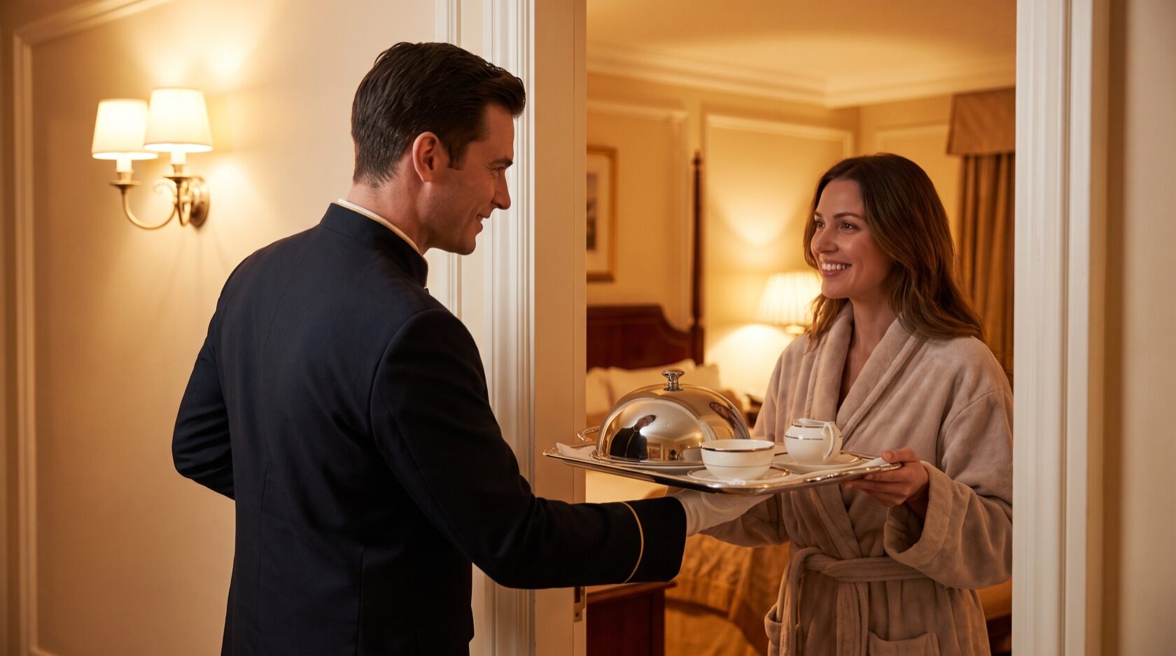 Cameriere che consegna il vassoio del room service alla camera