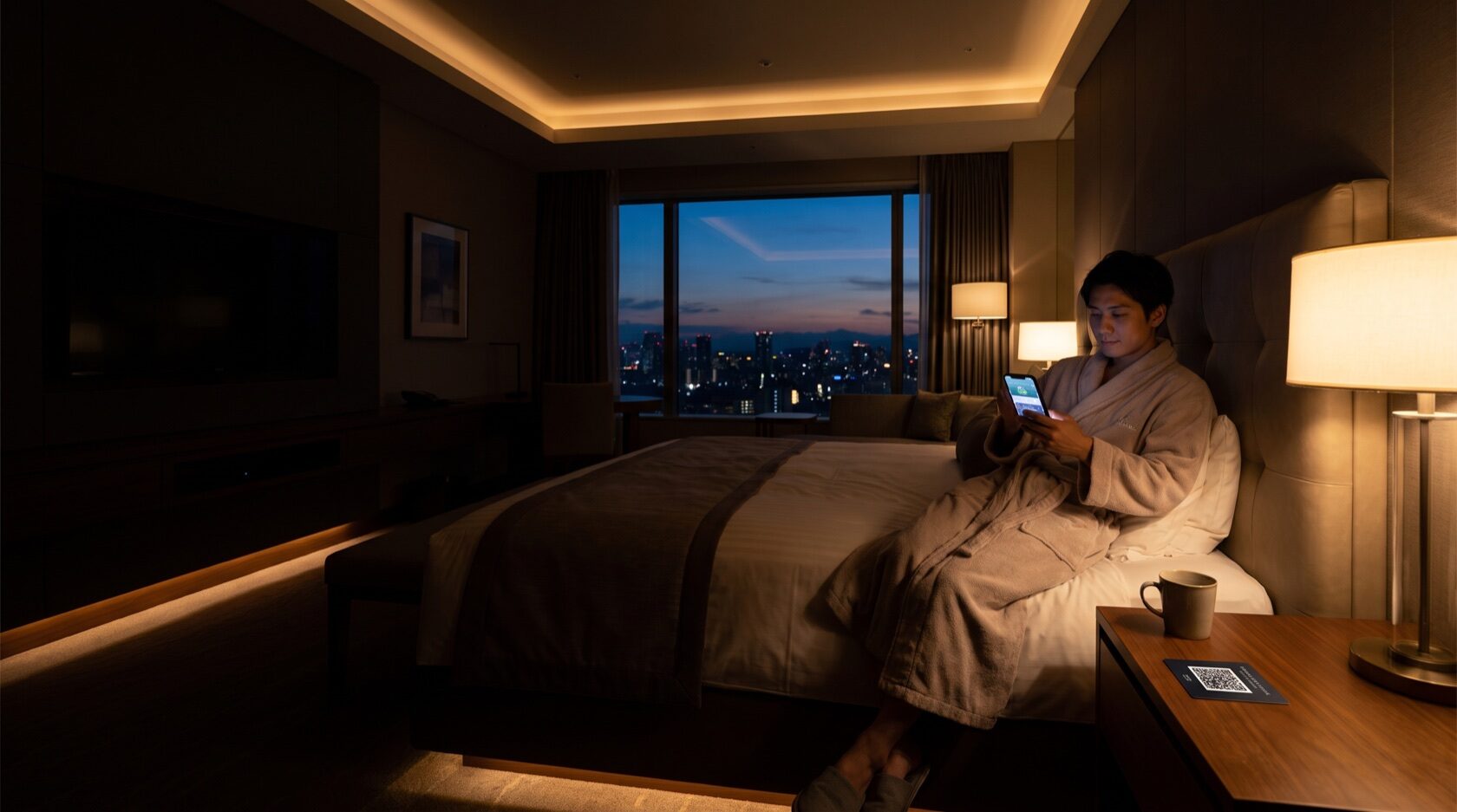 Ospite che ordina il room service dalla camera d'albergo con il telefono