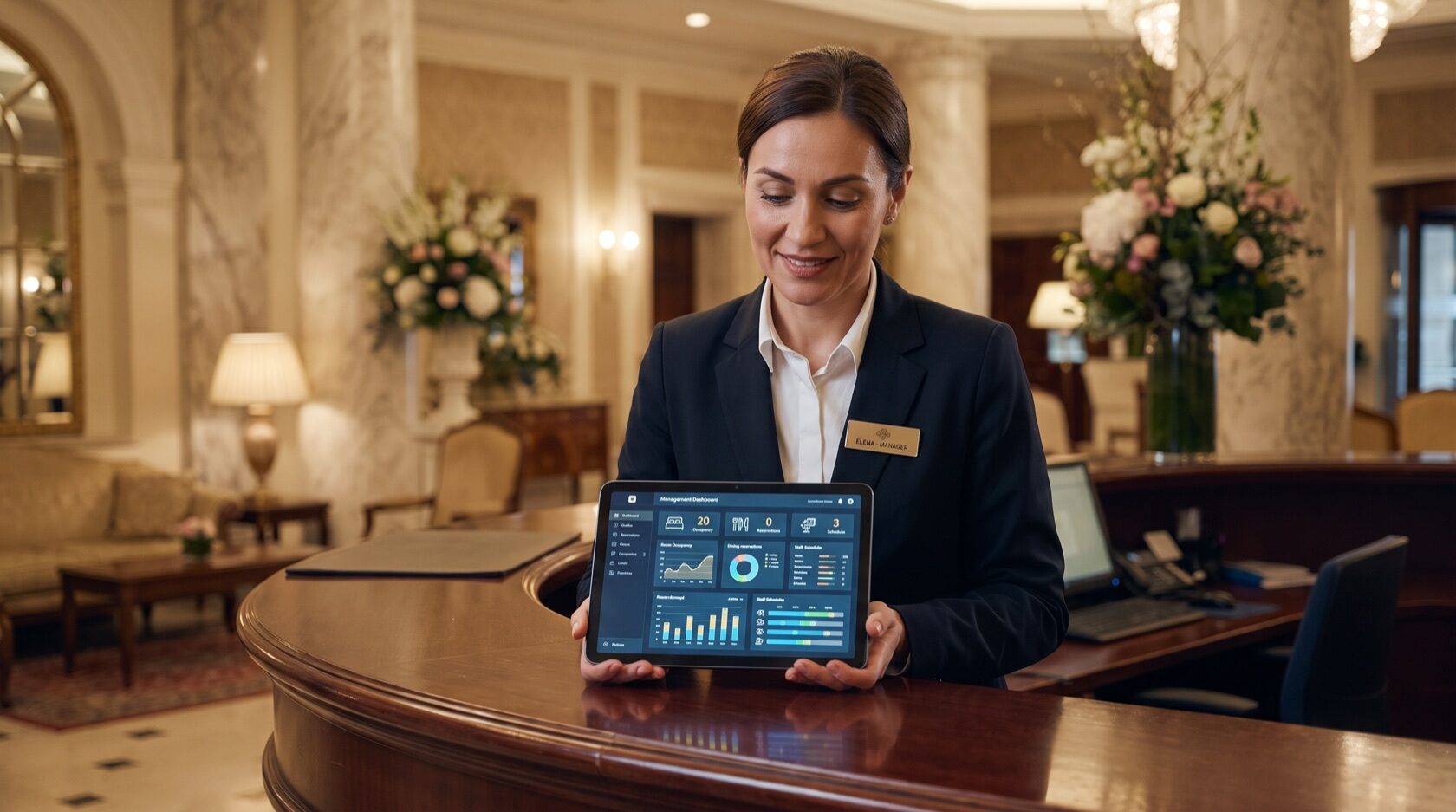 Manager che gestisce hotel e ristorante da un'unica piattaforma