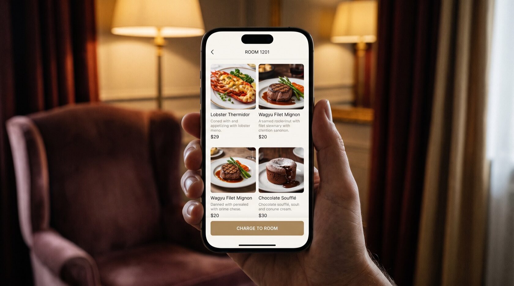 Ospite che sceglie dal menu del room service sul telefono in camera
