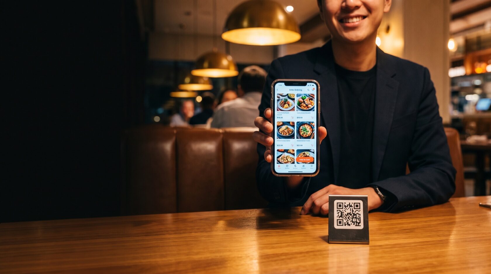 Cliente che ordina dal tavolo inquadrando il QR code con lo smartphone