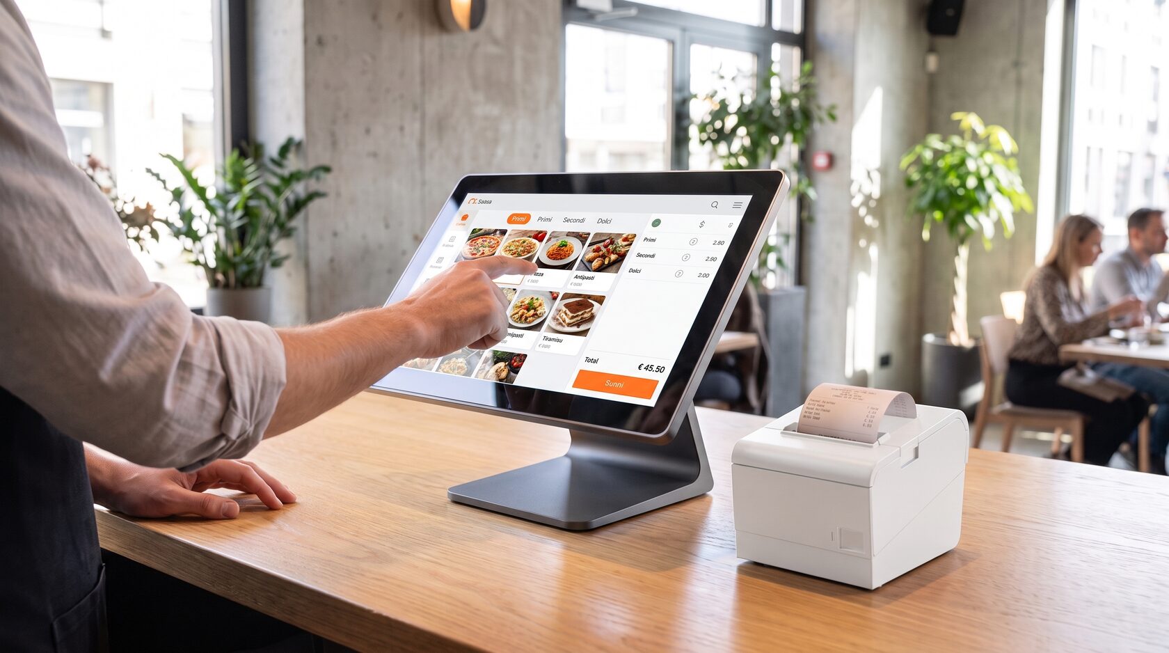Sistema di cassa touch Android con schermo da 15,6 pollici sul bancone di un bar