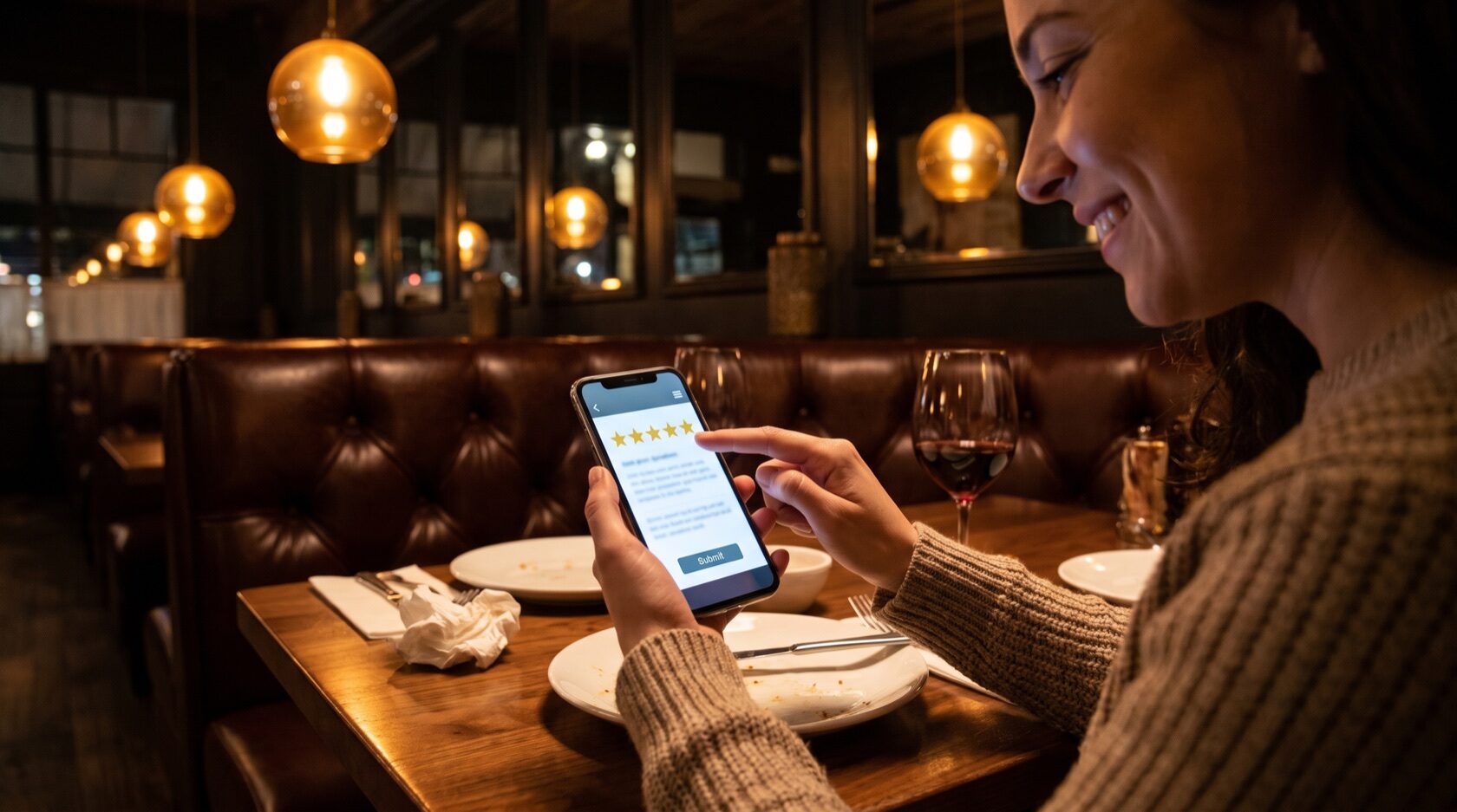 Cliente che lascia una recensione a cinque stelle dal telefono