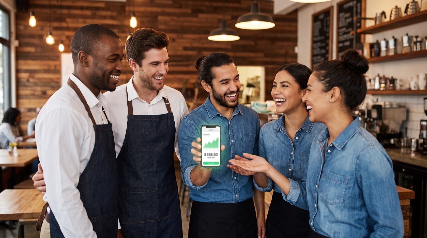 Staff del ristorante motivato che riceve le mance digitali