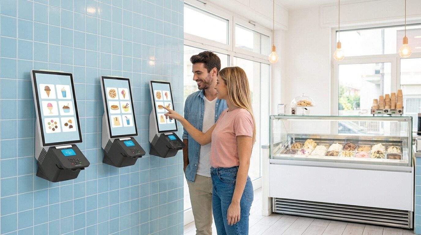 Tre totem Inkassa Micro a muro in una gelateria