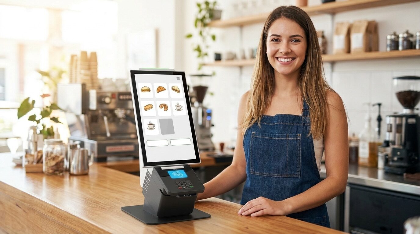 Totem self-service Inkassa Micro appoggiato sul banco di un bar accanto alla cassiera