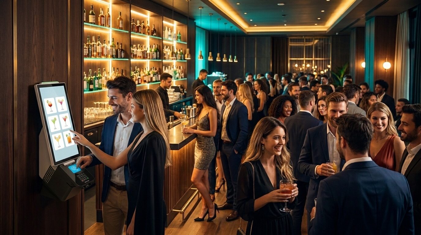 Totem Inkassa Micro a muro in un cocktail bar affollato: salti la coda