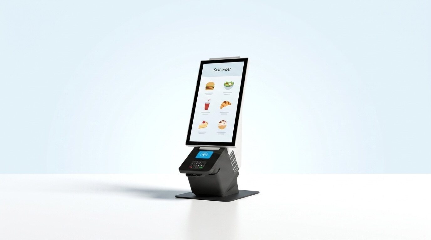 Design compatto del totem Inkassa Micro con schermo touch e base di pagamento